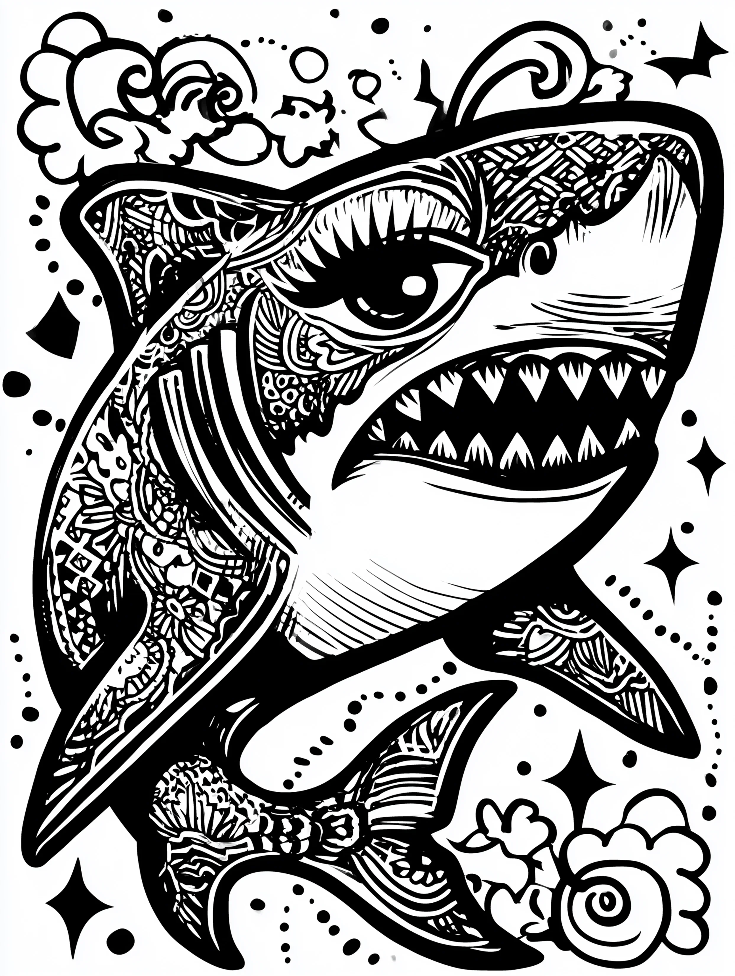 Free printable underwater coloring page for adults featuring a shark with eyelashes